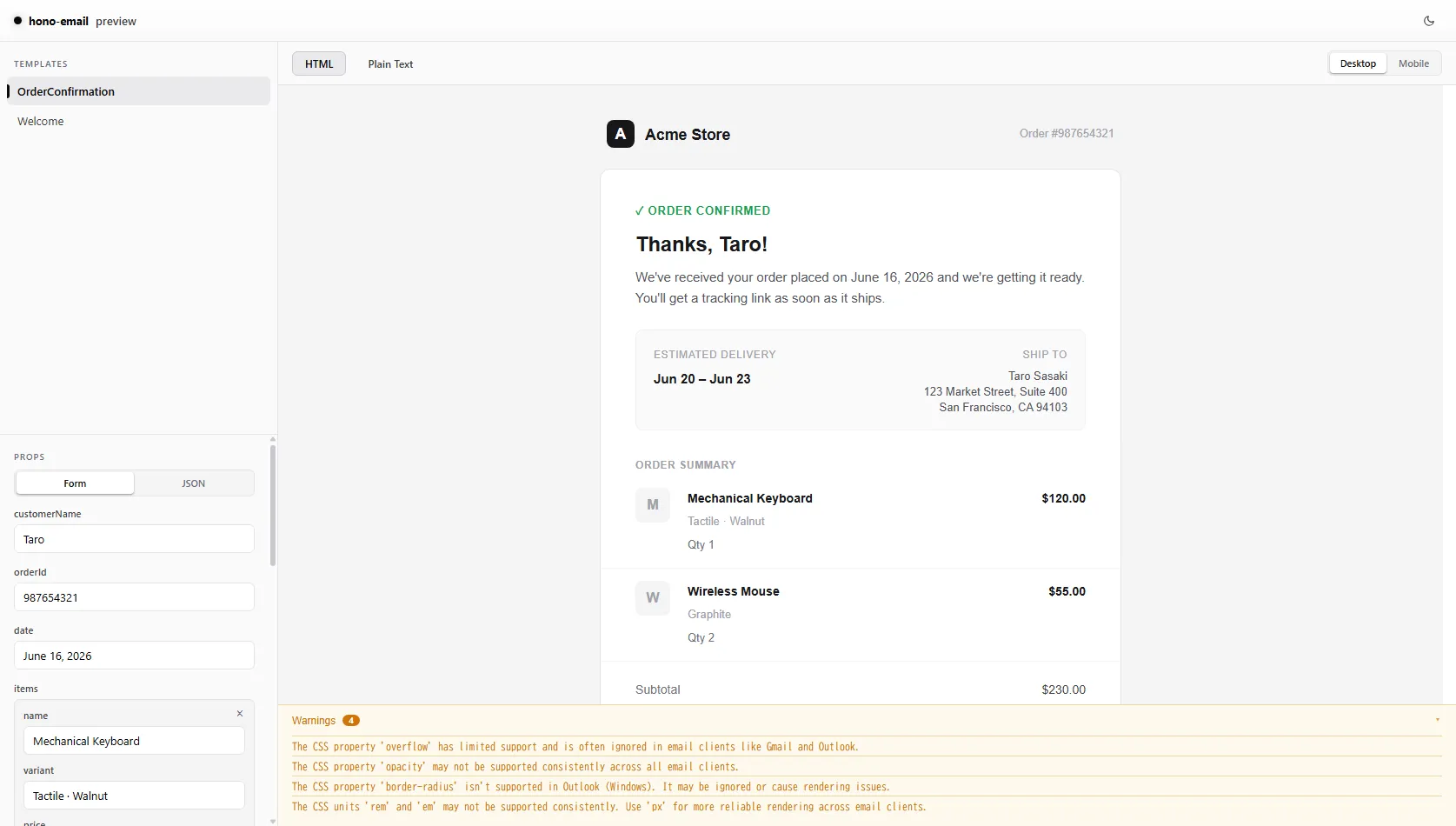 The hono-email preview app showing an order-confirmation template with a live props form, HTML and plain-text tabs, and email-client warnings